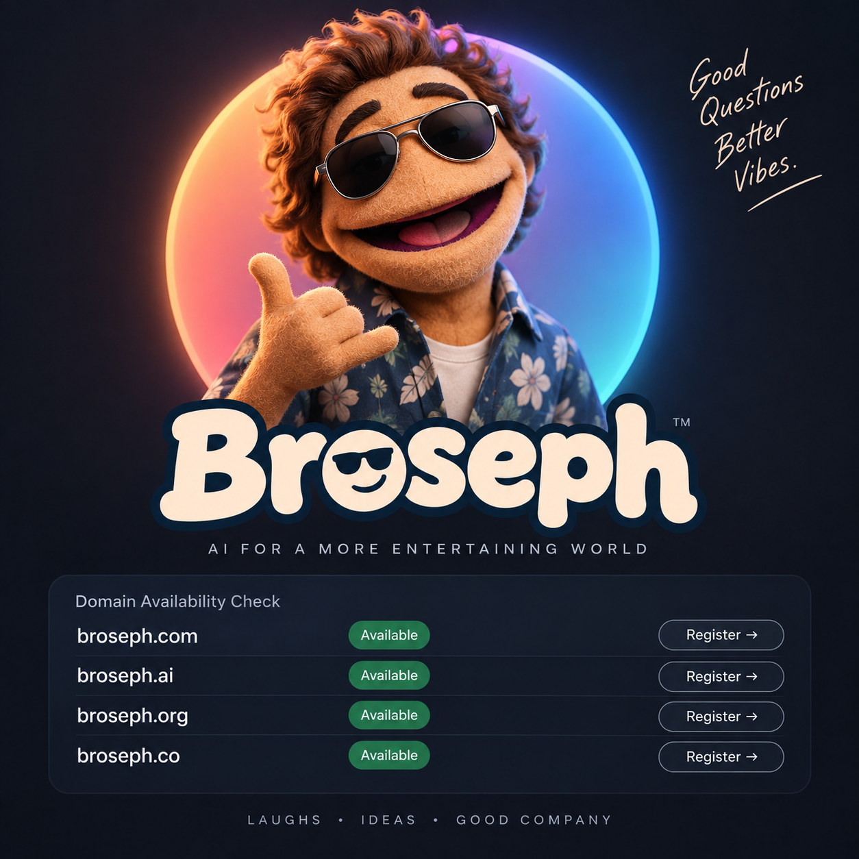 Broseph, a smiling puppet in sunglasses and a floral shirt, with a glowing orange and blue halo
